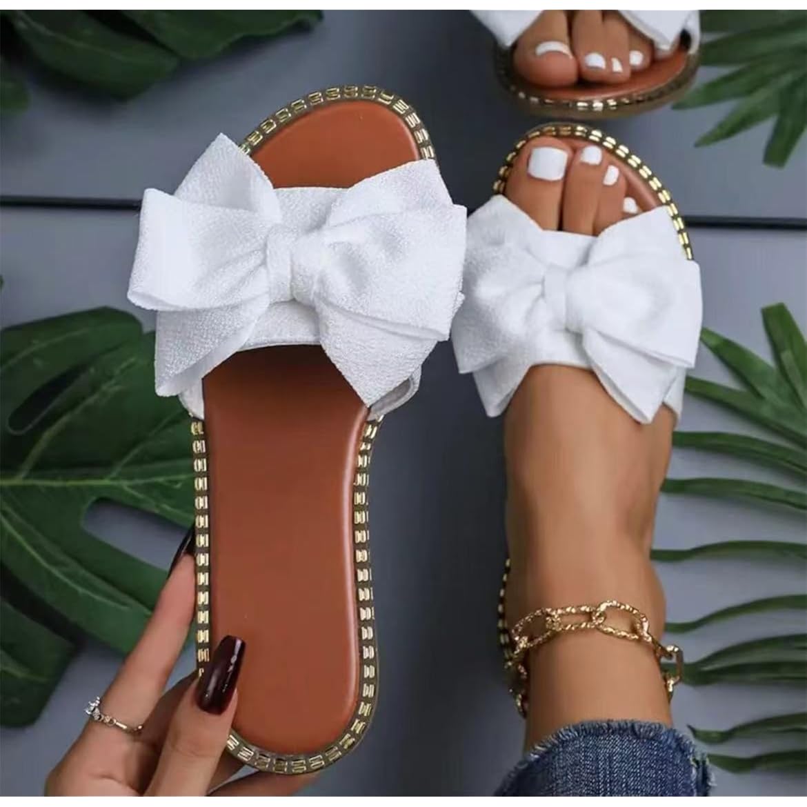 Sksshion Women'S Bow Knot Slides Open Toe Flat Sandals Summer Slip On Slippers