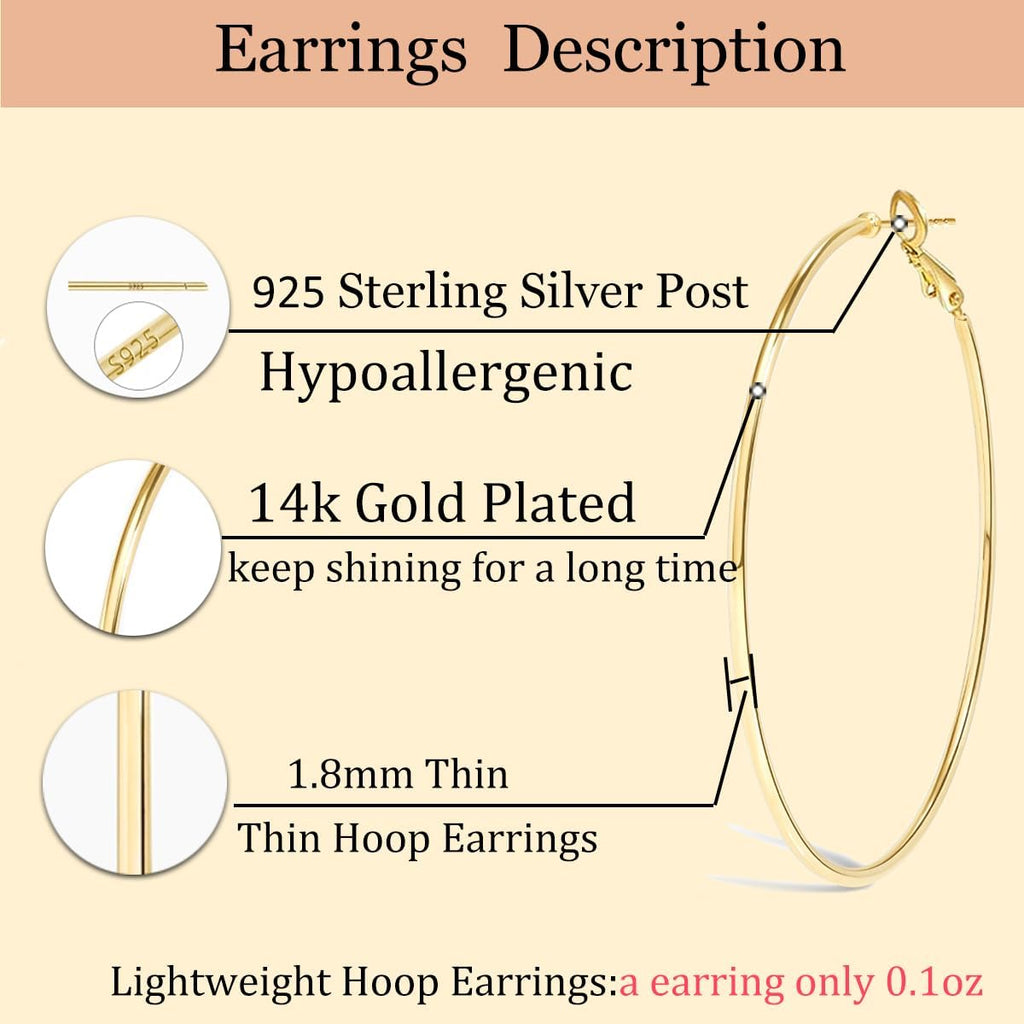 Cocadant Big Gold Hoop Earrings for Women Girls,Dainty 14k Gold Hypoallergenic Rose Gold Silver Hoop Earrings with 925 Sterling Silver Post,Stainless Steel Large Hoop Earrings