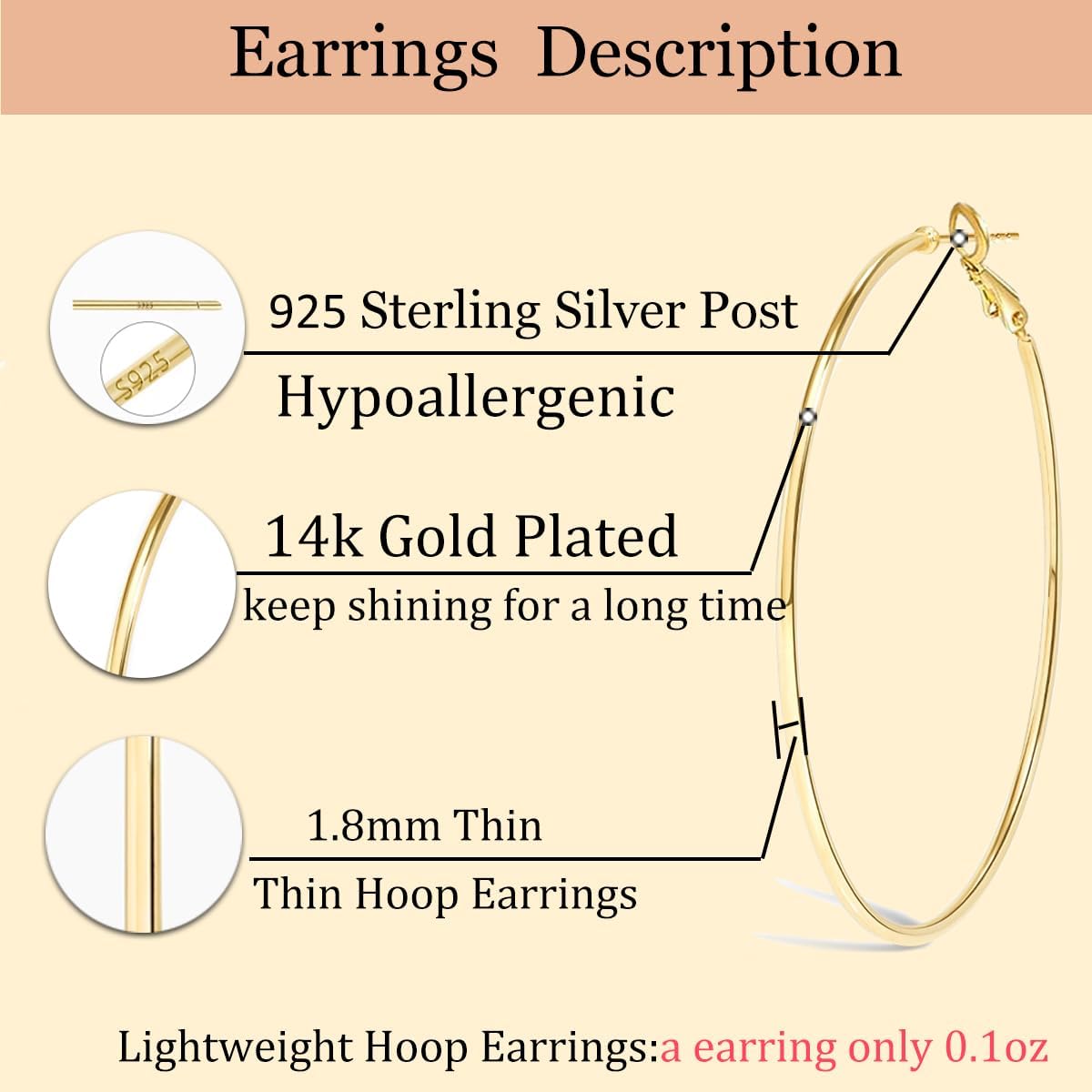 Cocadant Big Gold Hoop Earrings for Women Girls,Dainty 14k Gold Hypoallergenic Rose Gold Silver Hoop Earrings with 925 Sterling Silver Post,Stainless Steel Large Hoop Earrings
