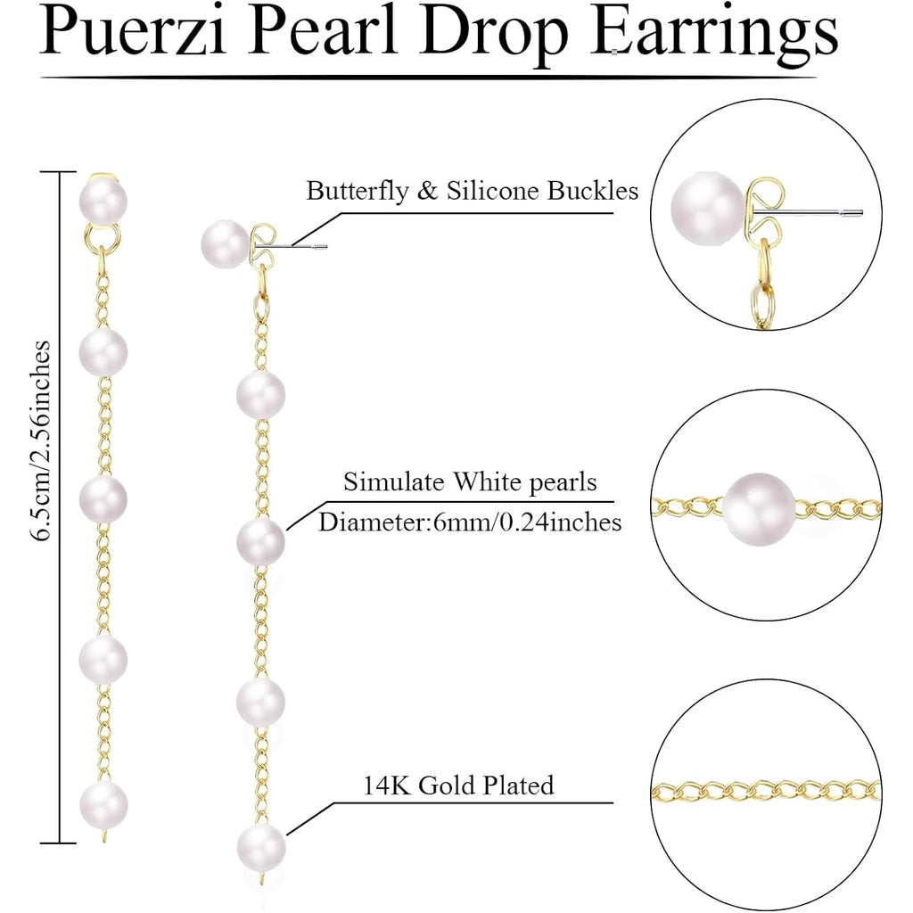 Pearl Earrings，4mm 5mm 6mm Gold/Silver Dangle Earrings for Women White Long Drop Pearl Dangling Earrings Bridal Wedding Dainty Prom Earrings Birthday Gifts Jewelry