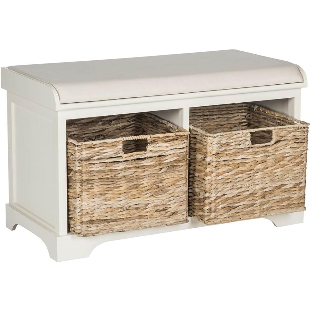 Safavieh Furniture - Freddy 2-Basket Storage Bench - Vintage White - Solid Wood - Coastal Basket Storage Design - Ideal For Entryway, Living Room, Hallway, 18" Seat Height - Fully Assembled (Amh5736D)