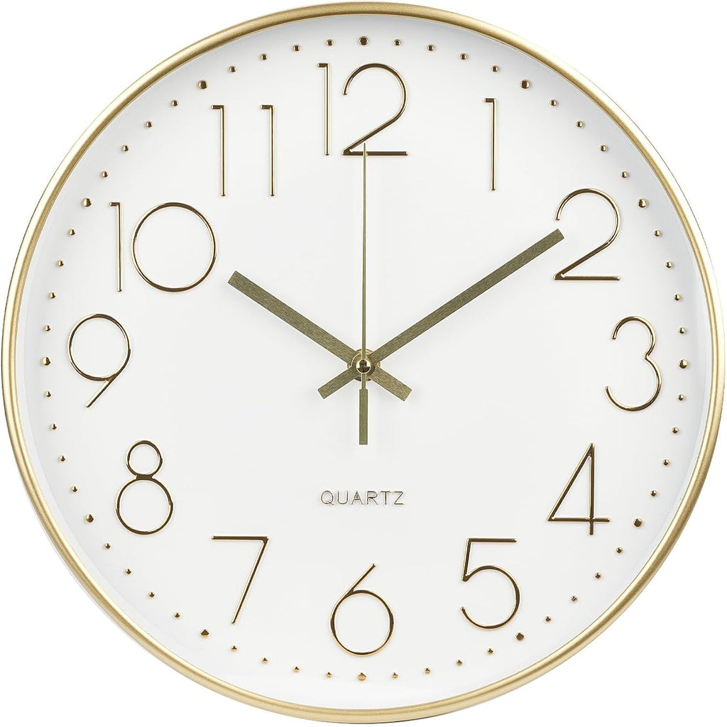 Wall Clock 12 Inch Non-Ticking Silent Modern Simple Style Round Decor Clock Gold Stereoscopic Dial Quartz Wall Clocks For Home/Office/School/Living Room/Bedroom/Kitchen