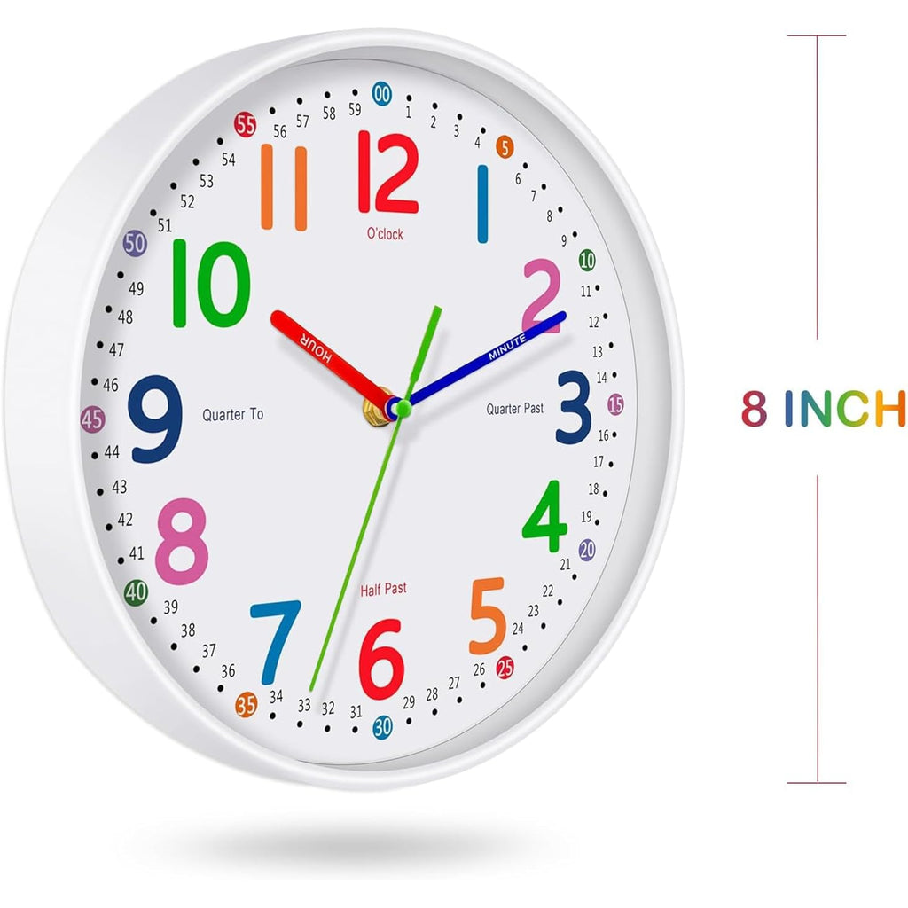 Silent Kids Wall Clock – Non-Ticking, Battery-Powered, Ideal For Teaching Time And Stylish Décor In Any Room - 8 Inch
