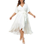 Scomchic Women Plus Size Maxi Dress Short Sleeve Wrap V Neck High Low Split Ruffle Long Dress