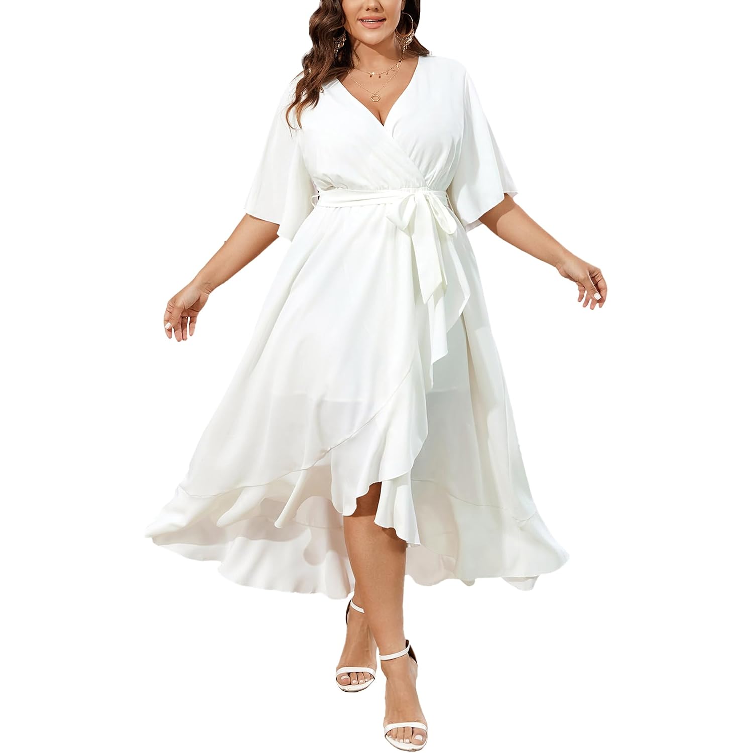 Scomchic Women Plus Size Maxi Dress Short Sleeve Wrap V Neck High Low Split Ruffle Long Dress