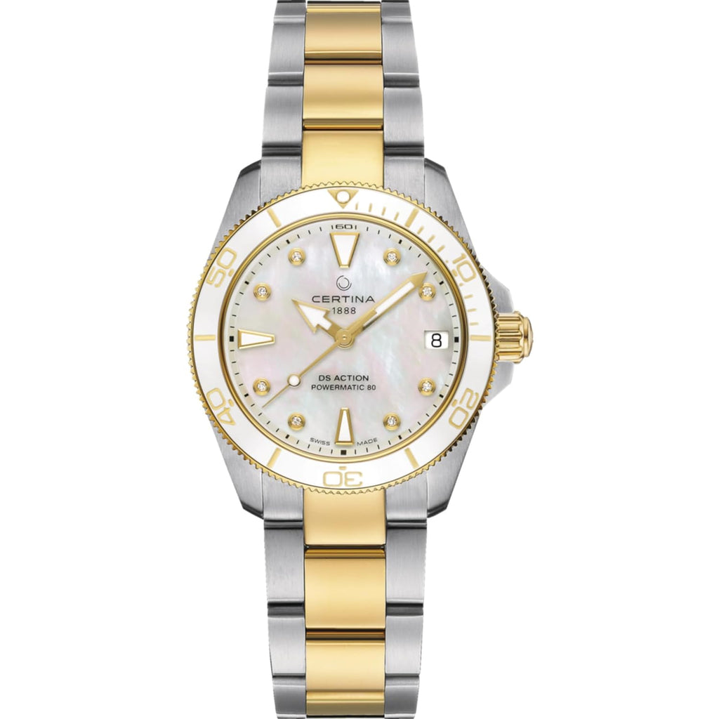 Certina, Womens, Ds Action Lady 34.5Mm, Stainless Steel, Swiss Automatic, Watch, White Mother Of Pearl, Stainless Steel, 18, (C0320072211600)