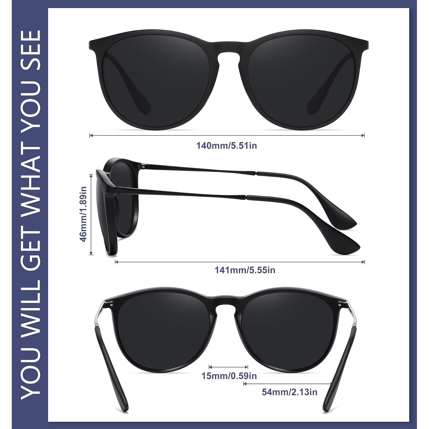 WOWSUN Retro Polarized Sunglasses Womens Trendy Round Classic Glasses 3 Pack: Black+brown Lens Leopard Frame+black Lens Leopard Frame