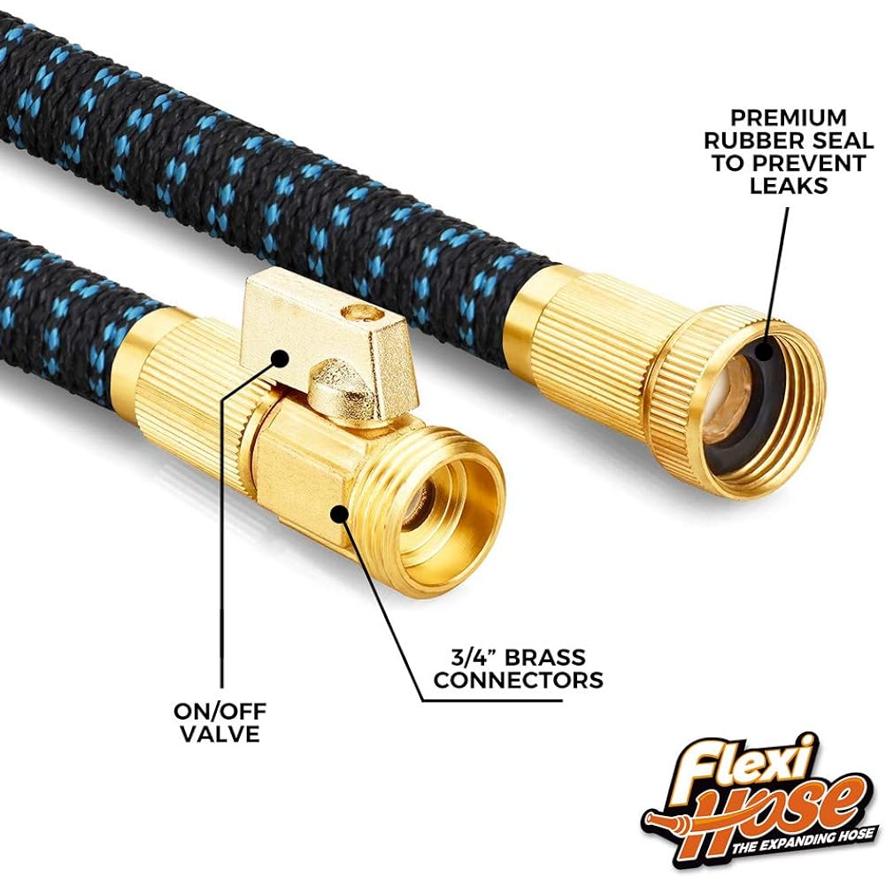 Flexi Hose Expandable Garden Hose With 8 Function Nozzle, 50Ft - Lightweight Retractable Garden Hose, Water Hose - No-Kink Flexibility, 3/4 Inch Solid Brass Fittings And Double Latex Core