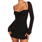 Zebaexf Women'S Mesh Dress Long Puff Sleeve Mini Bodycon Sweet Neck Party Mini Dresses For Women