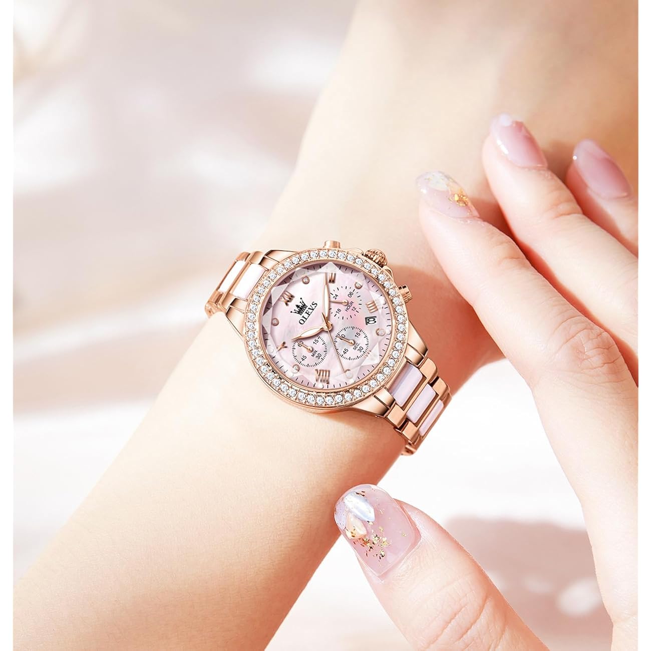 Olevs Women Watch Set Shinning Diamond Rose Gold Elegant Luxury Ladies Dress Wrist Watches Necklaces & Bracelets