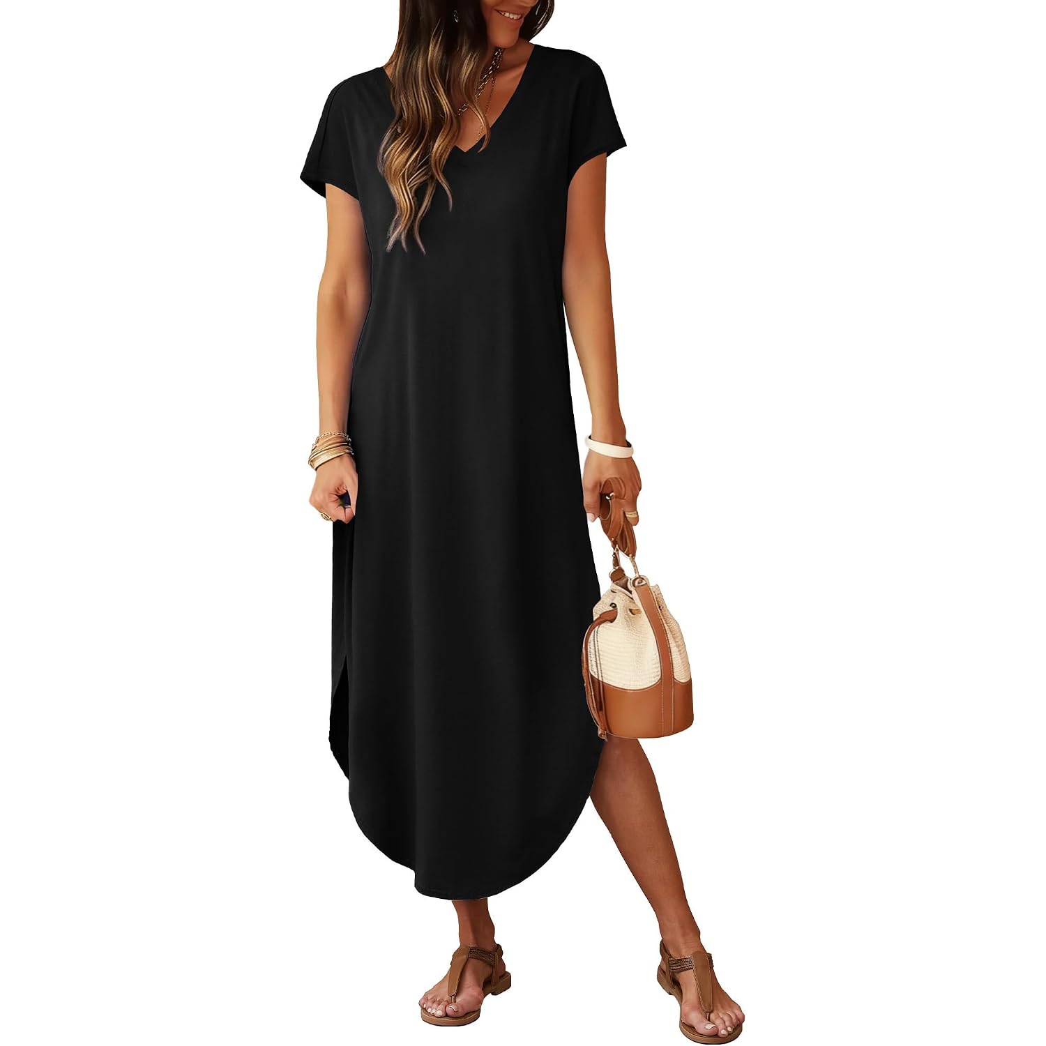 Rumia Summer Maxi Dresses For Women Cap Sleeve Long Sundress With Pockets