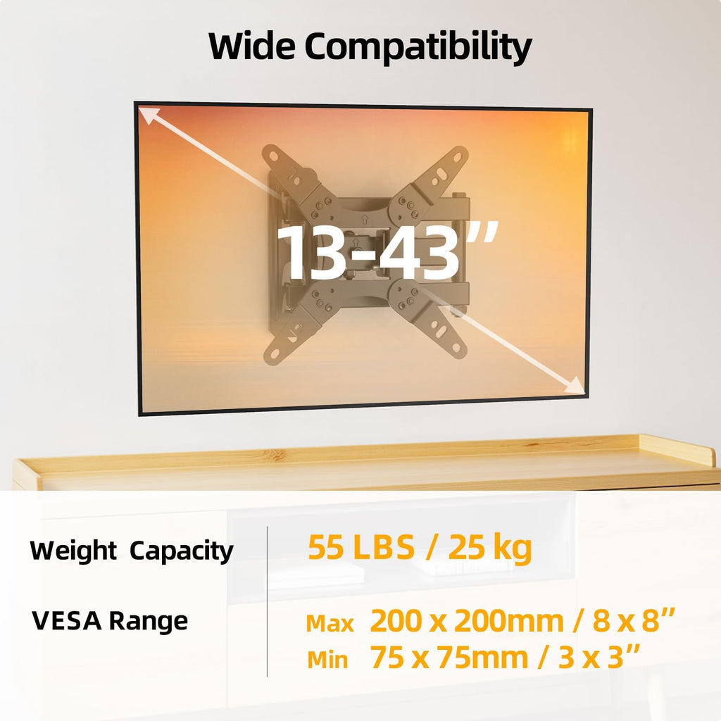 32+ 40 Inch Full Motion Tv Wall Mount For 13-43" Tvs & Monitor, 360° Rotating Small Tv Mount Bracket, Articulating Swivel Tilting Extension, Max Vesa 200X200Mm, Single Studs, 55 Lbs