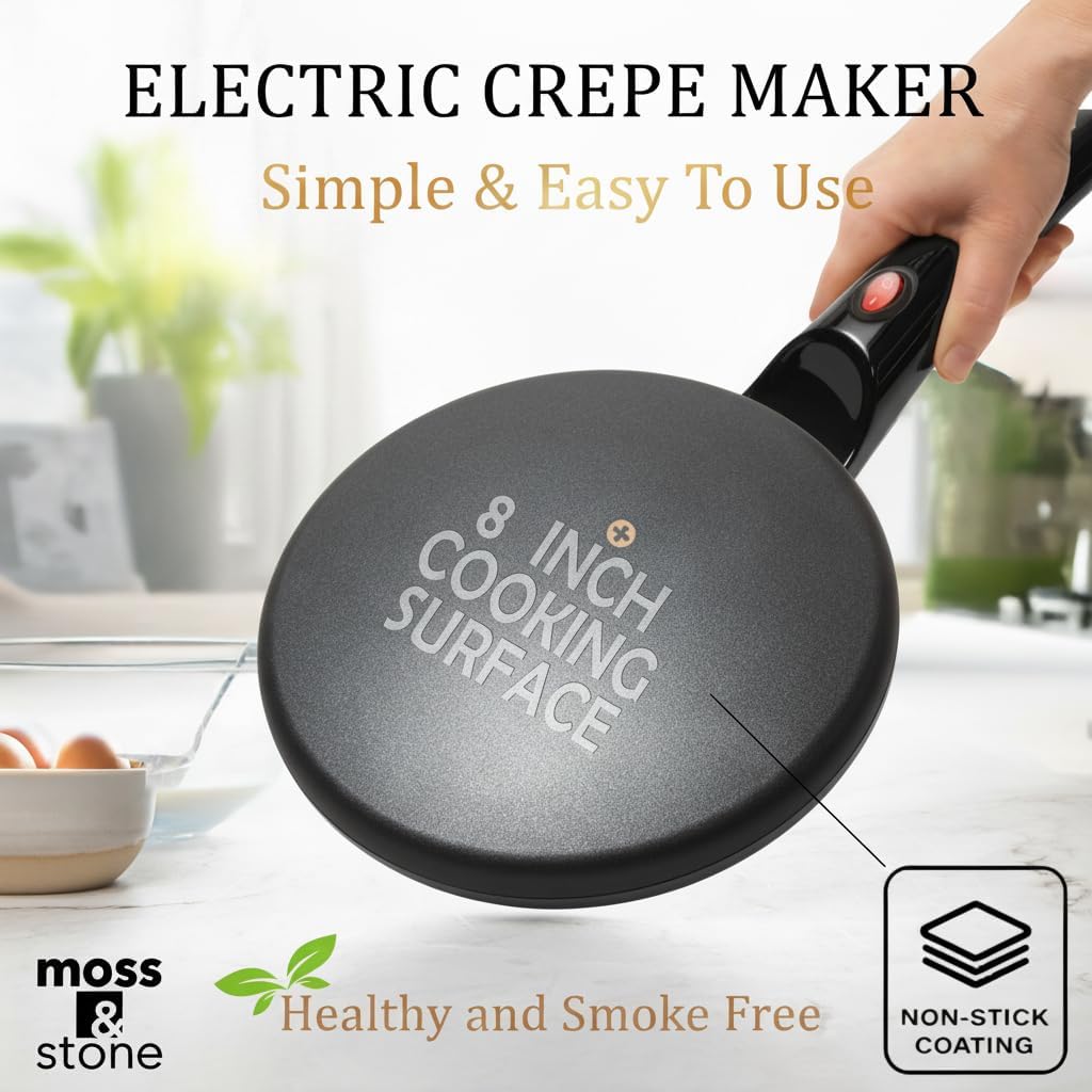 Moss & Stone Black Electric Crepe Maker, 8" Portable Nonstick Crepe Pan | Nonstick Dipping Plate, Auto Shut-Off, On/Off Switch, Even Heating, Automatic Temperature Control, Compact Design