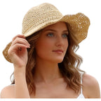 Oweisong Sun Hats for Women Wide Brim Floppy Beach Hats Packable Boho Crochet Straw Hat for Summer Vacation Travel