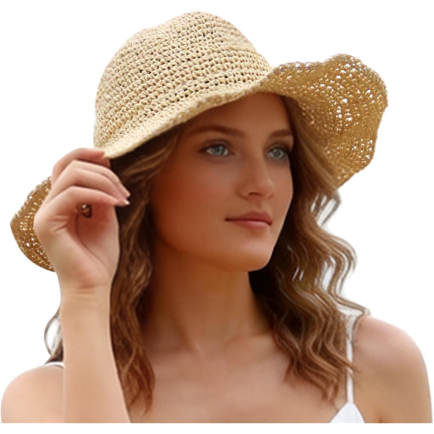Oweisong Sun Hats for Women Wide Brim Floppy Beach Hats Packable Boho Crochet Straw Hat for Summer Vacation Travel