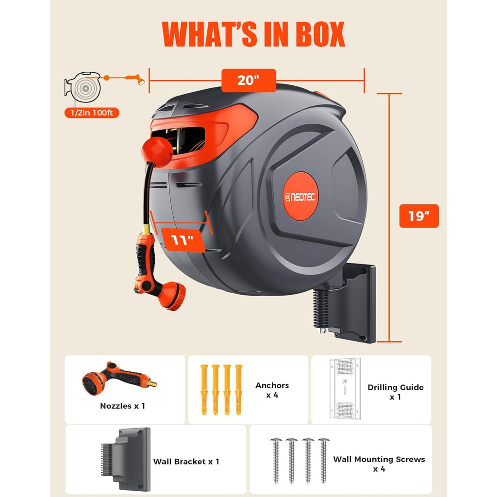 100Ft Retractable Garden Hose Reel 1/2 Inch, Wall Mounted Heavy Duty Water Hose With Auto-Lock, Slow Return, 180° Swivel Bracket & 9-Pattern Spray Nozzle, Uv Resistant Outdoor Hose Storage System