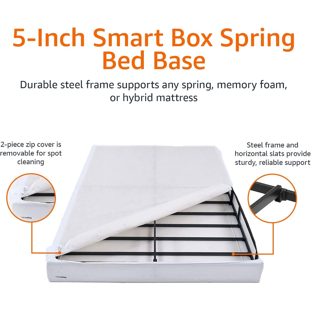 Amazon Basics Smart Box Spring Bed Base, 5-Inch Height Mattress Foundation, Tool-Free Easy Assembly, Metal Support, Full, 74" x 53"