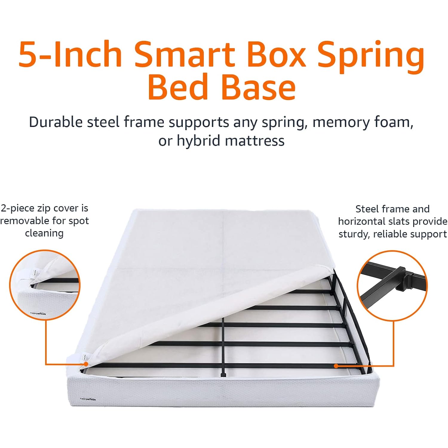 Amazon Basics Smart Box Spring Bed Base, 5-Inch Height Mattress Foundation, Tool-Free Easy Assembly, Metal Support, Full, 74" x 53"