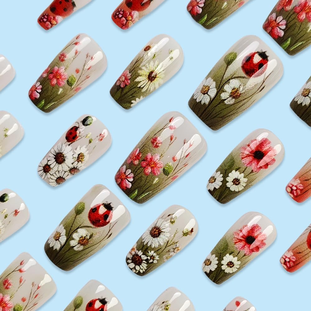 Spring Press on Nails Square Medium Length Fake Nails Daisy Flowers Acrylic Nails Green Leaf Floral False Nails Gradient Coffin Artificial Nails Glossy Glue on Nails for Women Nails Decoration 24Pcs