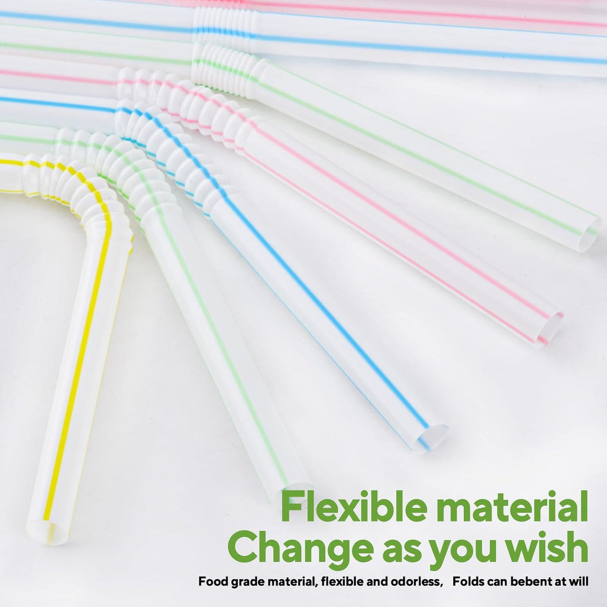 [200 Pack] 8.5" High Flexible Plastic Straws,Bendable Disposable Drinking Straws -Striped Assorted Colors For Home Use Milk Juice Drinks
