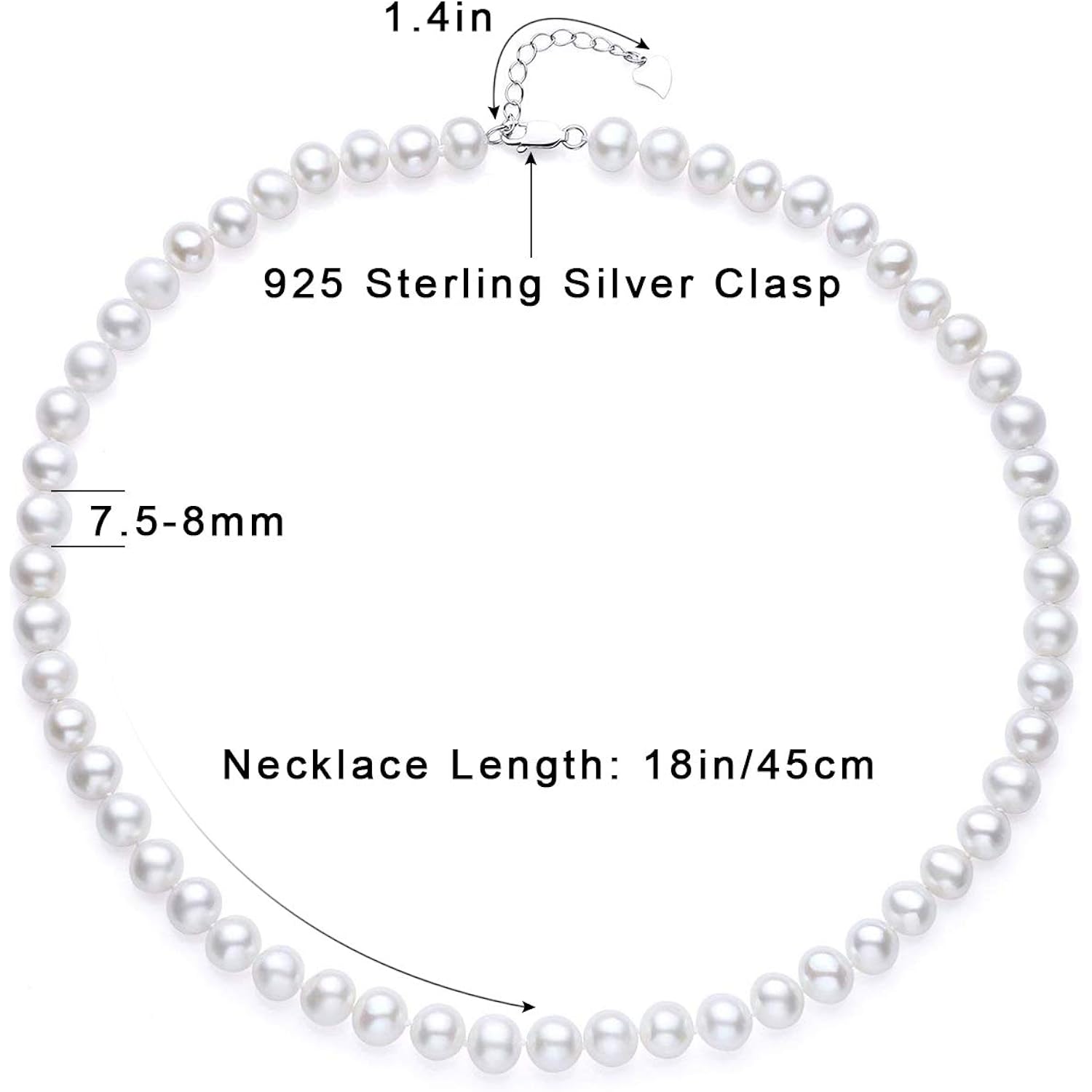 White Freshwater Cultured Pearl Necklace for Women in 18 Inch Princess Length