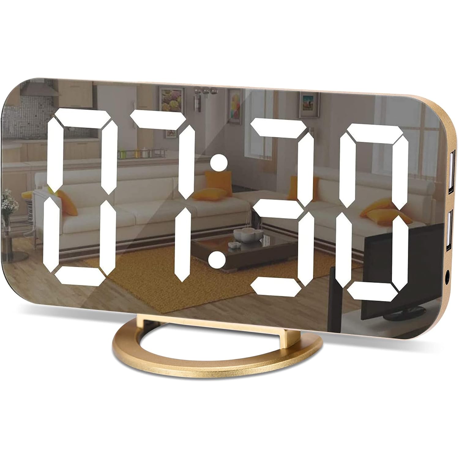 Digital Alarm Clock,Led And Mirror Desk Clock Large Display,With Dual Usb Charger Ports,3 Levels Brightness,12/24H,Modern Electronic Clock For Bedroom Home Living Room Office - Gold