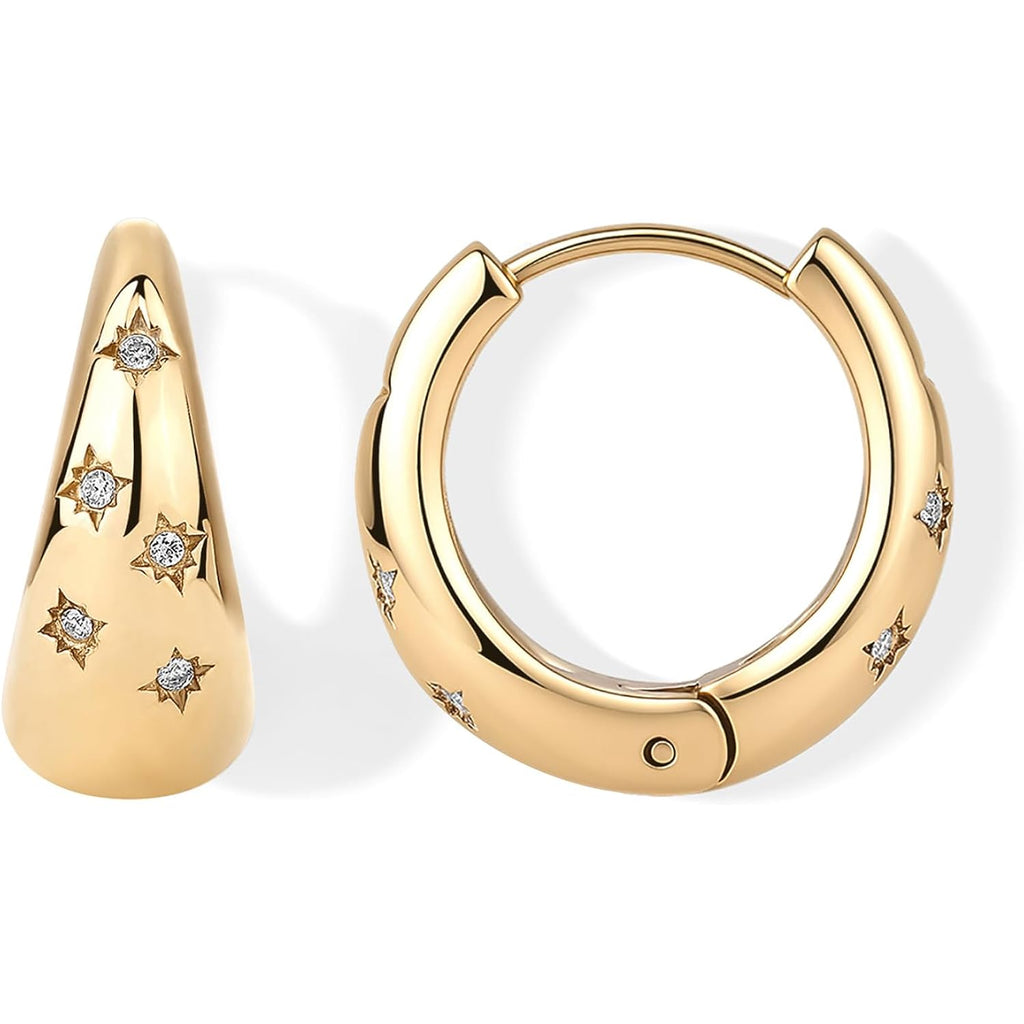 PAVOI Waterproof Gold Hoop Earrings for Women - 14K Gold Plated Chunky Huggie Hoop Earrings with Cubic Zirconia Starburst - Stainless Steel Trendy Summer Fashion Jewelry