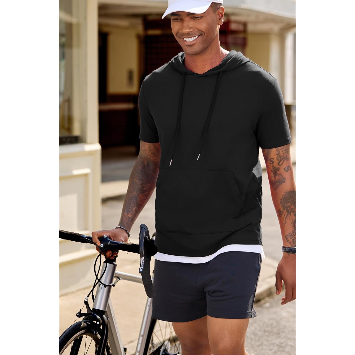 Jmierr Mens Short Sleeve Hoodie Cotton Hooded T-Shirts Lightweight Solid Tops With Pocket