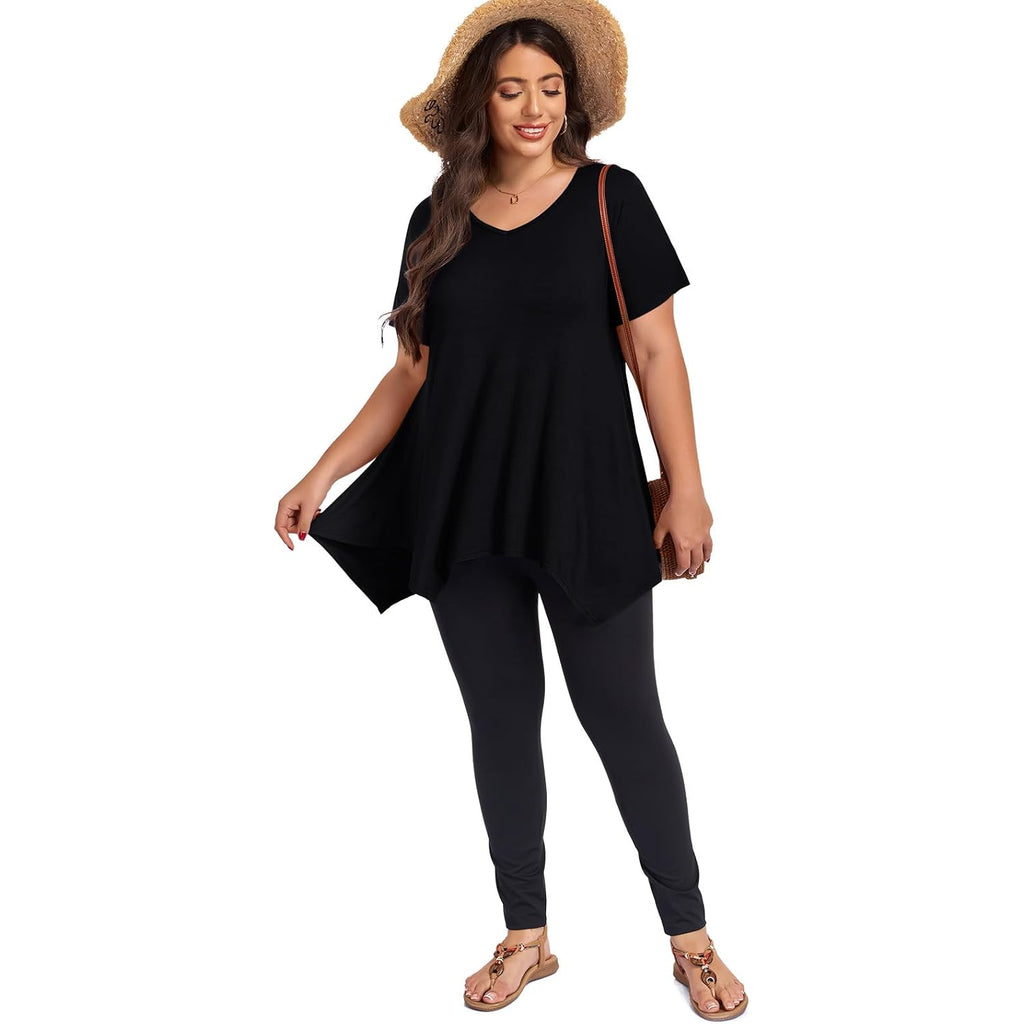 LARACE Plus Size Tops for Womens Summer Clothes Short Sleeve Shirts Casual V Neck Tunic Asymmetrical Blouses