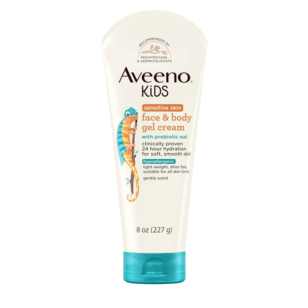 Aveeno Sensitive Skin Face & Body Gel Cream For Kids With Prebiotic Oat, Clinically Proven 24 Hour Hydration For Soft Skin, Quick Drying And Lightweight, Hypoallergenic, 8 Oz