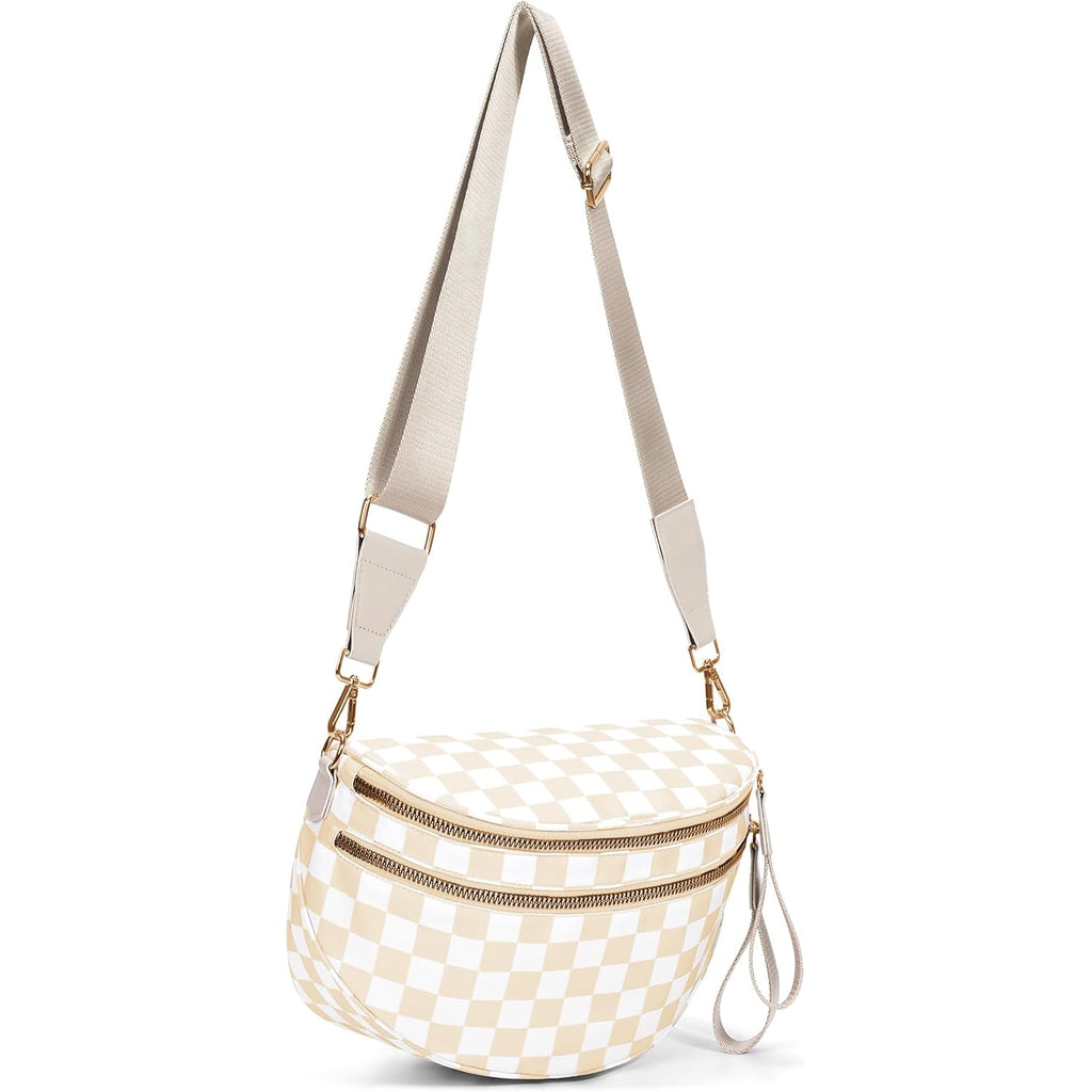 hibear Checkered Crossbody Bag Spacious Bum Bags for Women Nylon Crossbody Fanny Packs Checkered Purse Belt Wallet