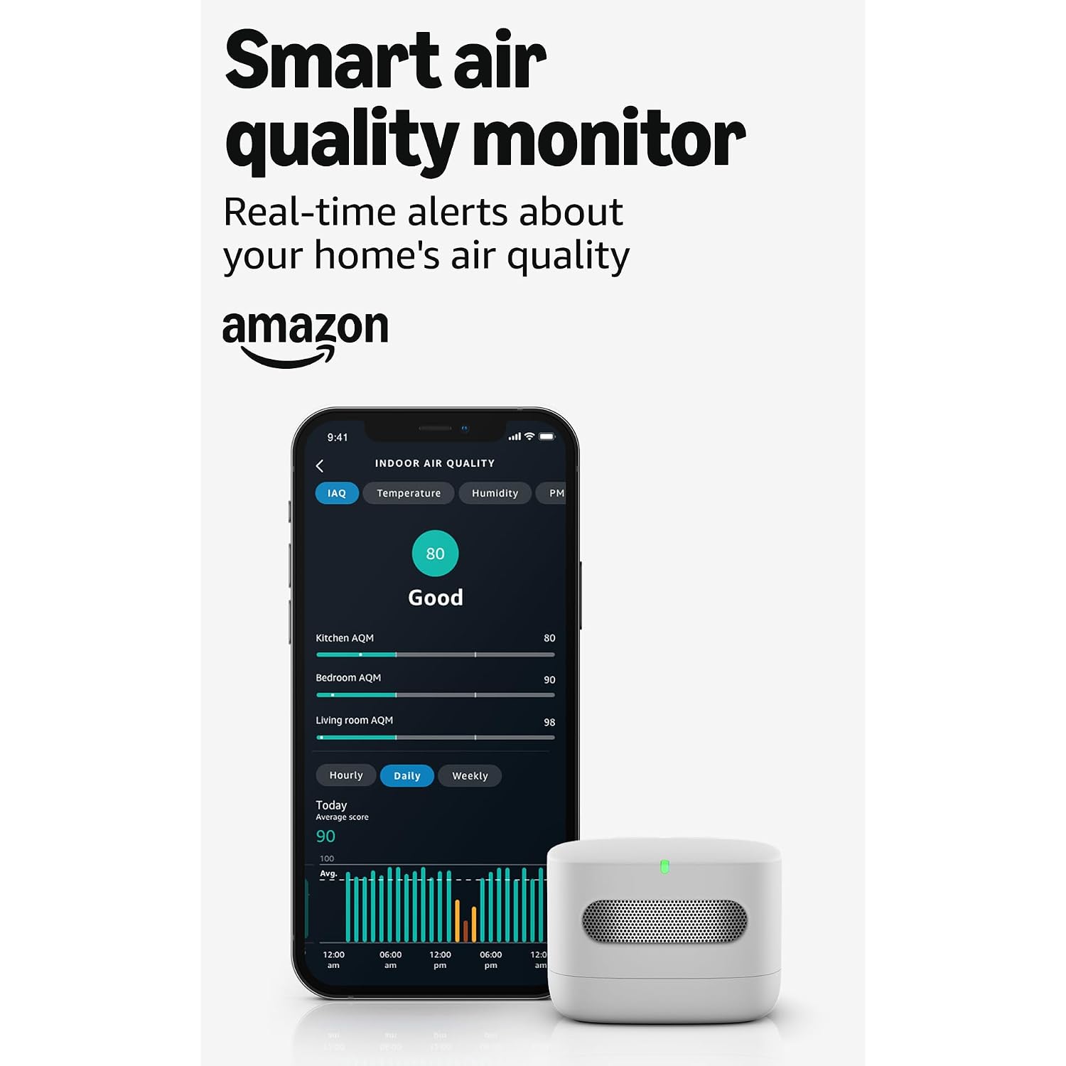 Amazon Smart Air Quality Monitor, Detects Temperature, Humidity, Carbon Monoxide, Pm2.5 And Vocs, Get Notifications When Air Quality Drops, Works With Alexa