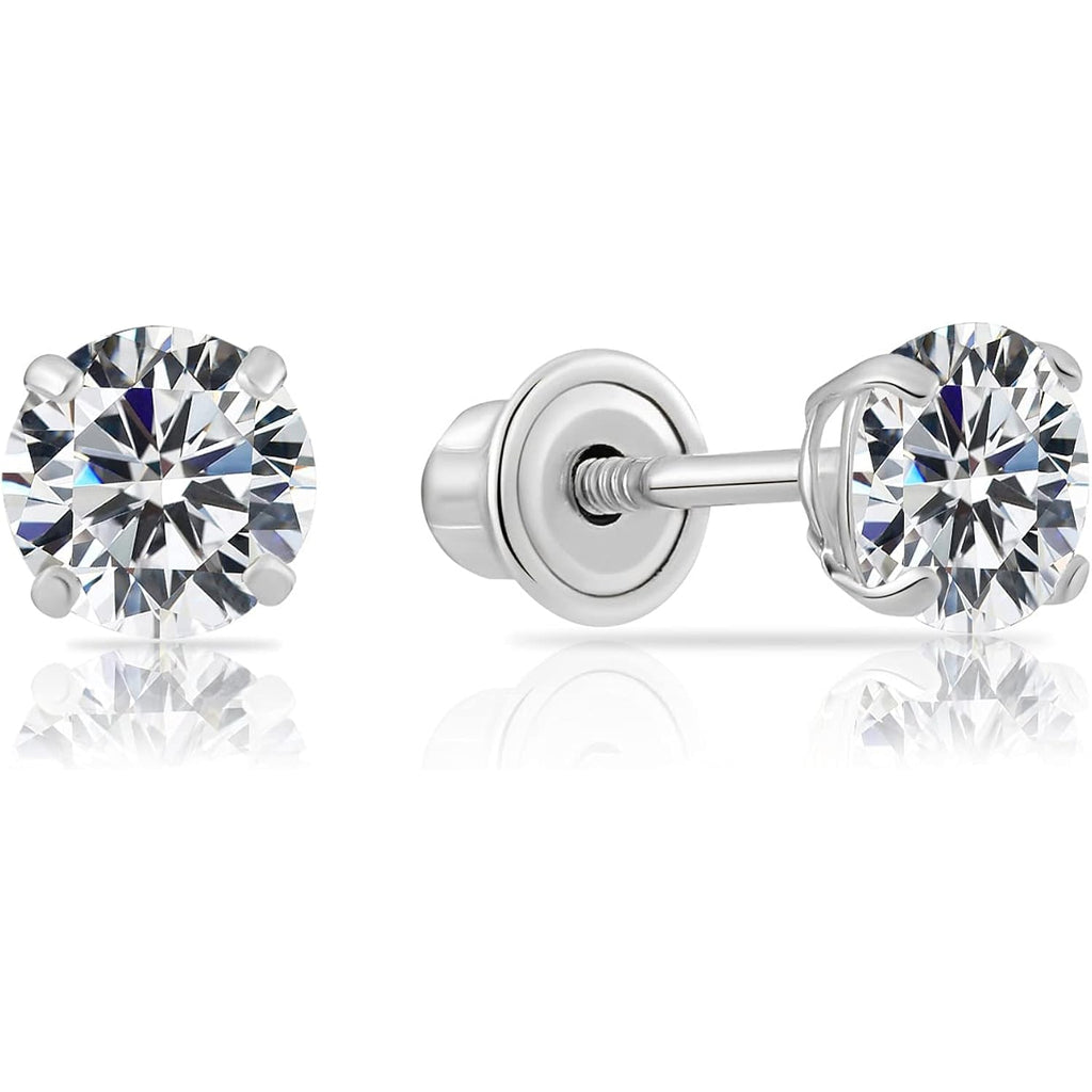 14k White Gold Solitaire Round Cubic Zirconia CZ Stud Earrings in Secure Screw-backs