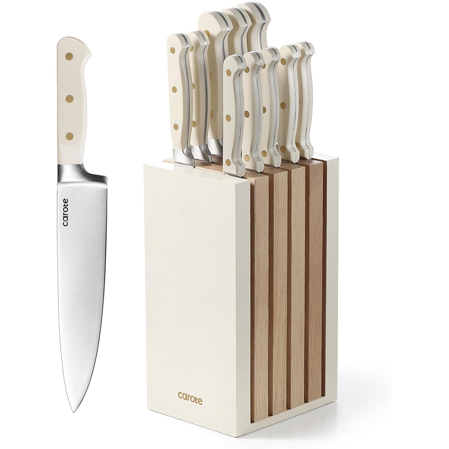 Carote 11 Pieces Knife Set With Block For Kitchen, Stainless Steel Razor-Sharp Blade, Triple Riveted Ergonomic Handle, Wooden Magnetic Block, Essential Knife Block Set, Beige