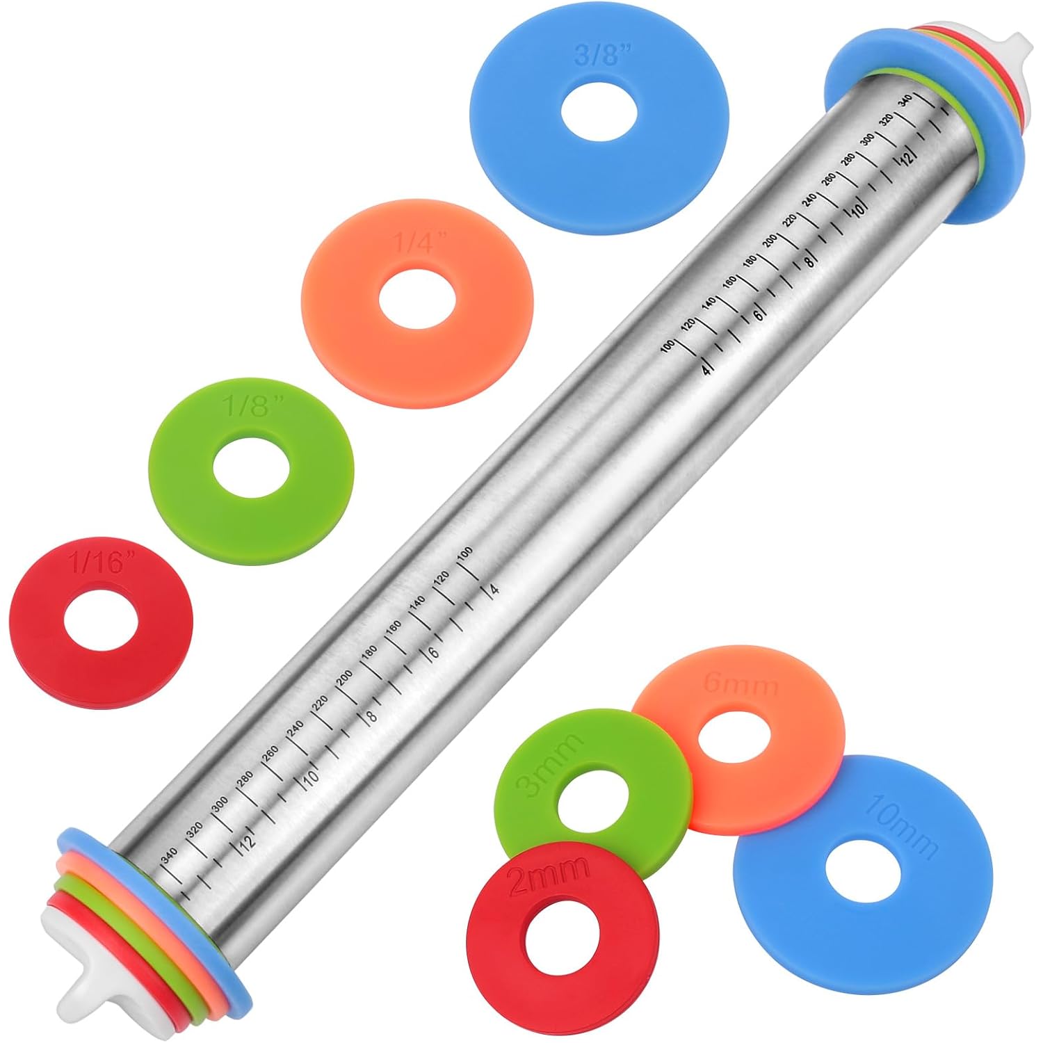 Adjustable Rolling Pin With Thickness Rings For Baking, Stainless Steel Designs Dough Roller Pins For Cookie Decorating Baking Supplies Fondant Cake Baker