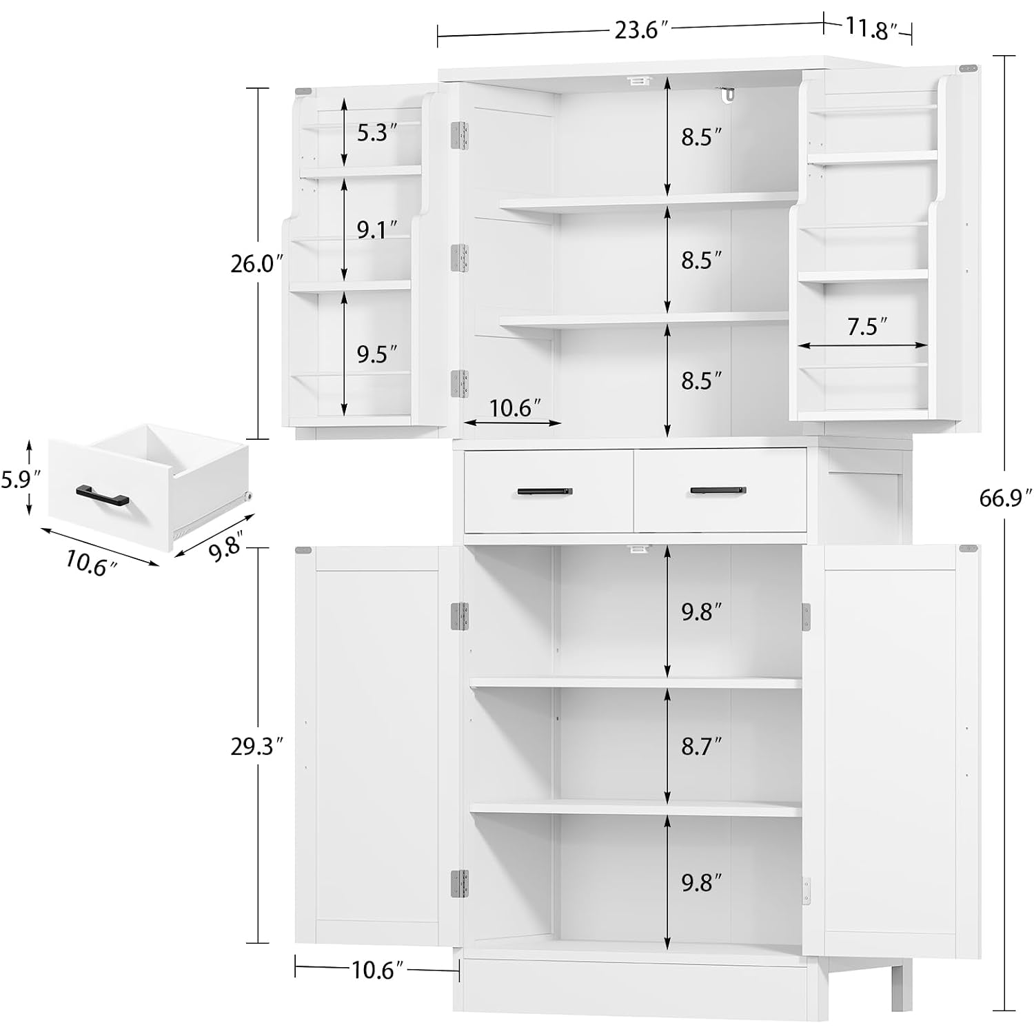 Farmhouse Pantry Cabinet, 66.9″H Tall Kitchen Storage Cabinet With Barn Doors, Adjustable Shelves & Drawer, Freestanding Cupboard For Kitchen, Dining Room, Living Room, Bathroom, White