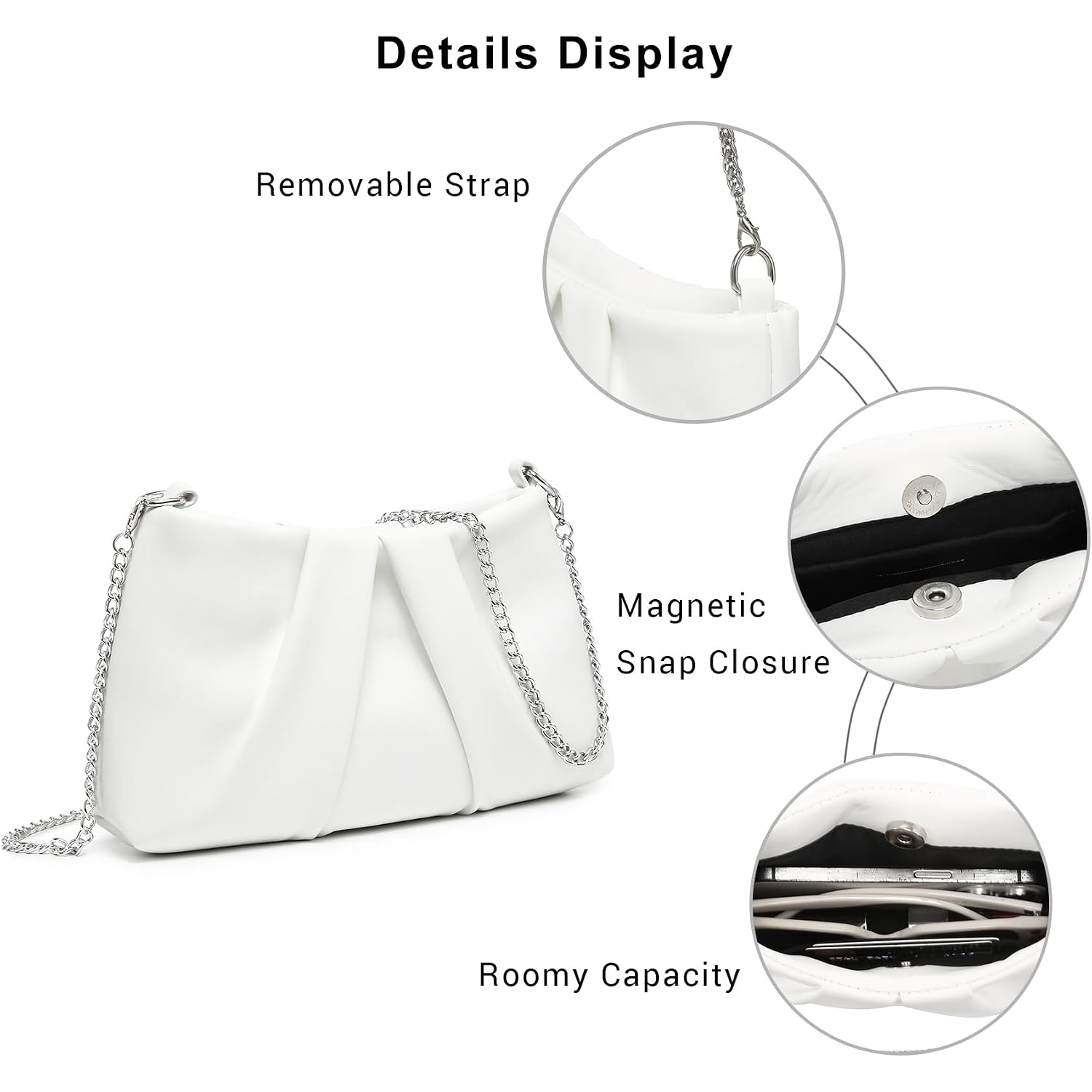 Dasein Elegant Pleated Evening Bag Soft Vegan Leather Clutch Purse Dressy Formal Handbag With 2 Chain Straps For Women