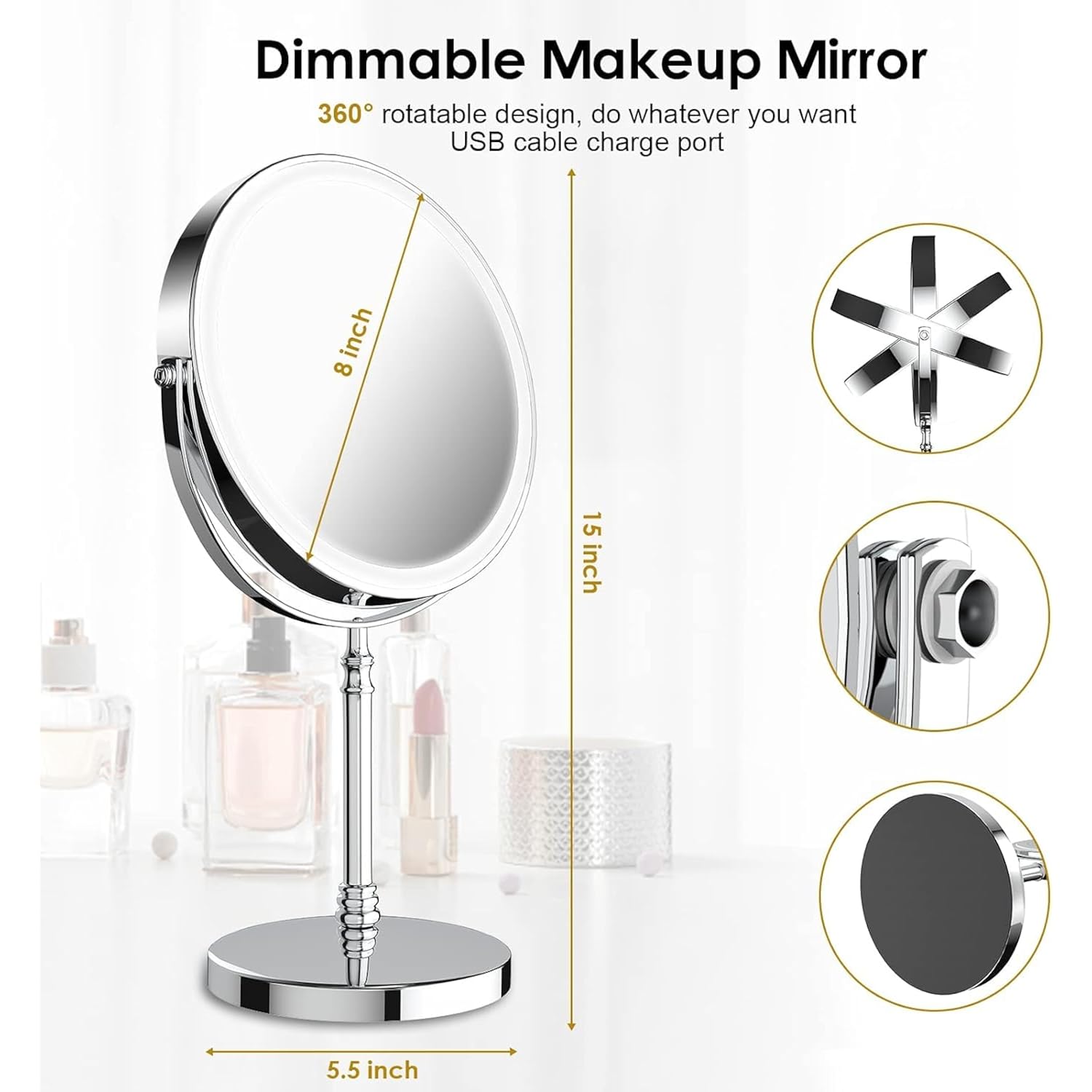 DEIOVWXS Makeup Mirror, 3000mAh Rechargeable Double-Sided Magnifying Vanity Mirror with 3 Colors, 1X/10X, Adjustable Brightness, Gift for Mom, Mothers Day, Women, Wife, Girls, Dorm Room Essential