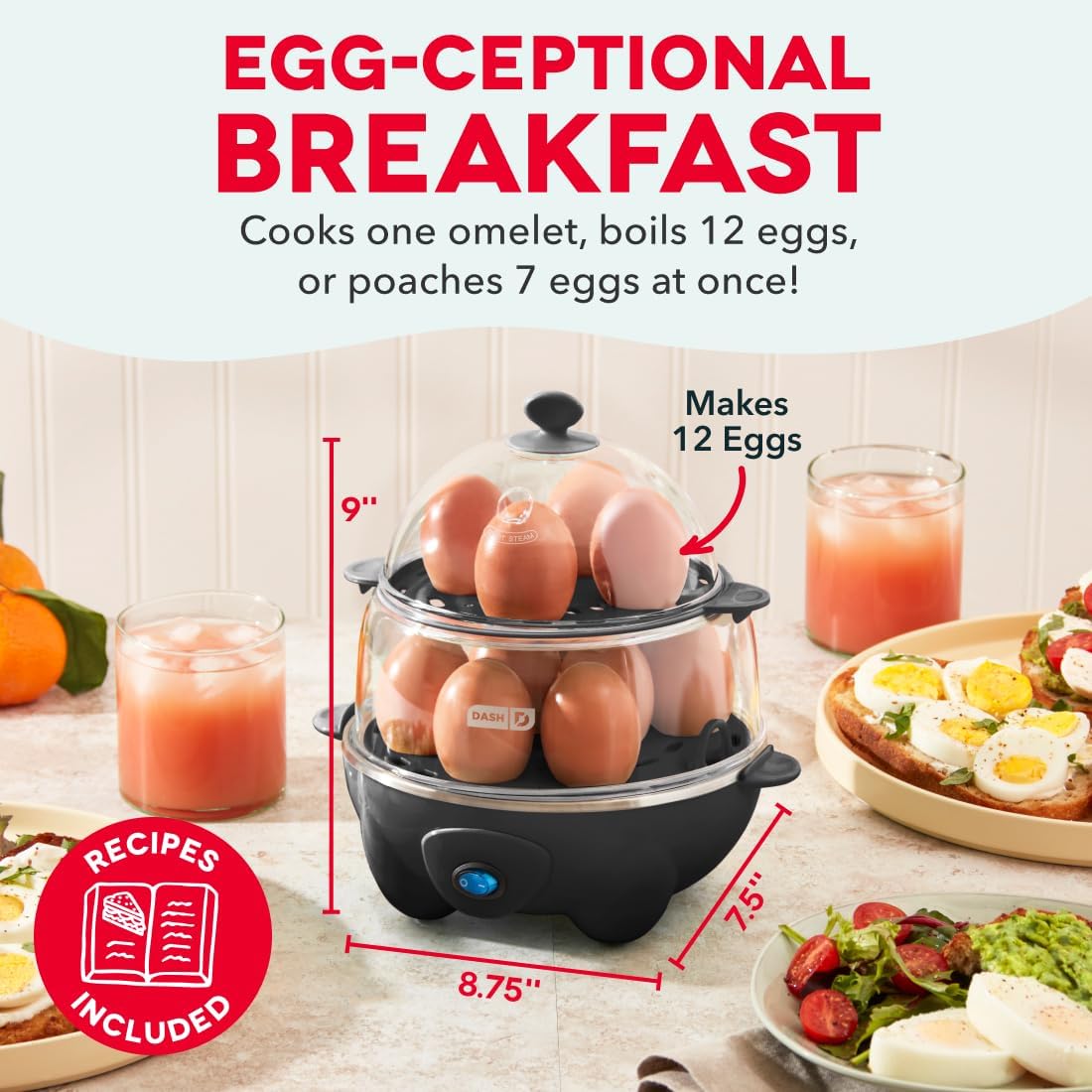 Dash Deluxe Egg Cooker - Boiler, Poacher & Steamer - Includes Measuring & Recipe Guide - Dishwasher Safe - Holds 12 Eggs, Black