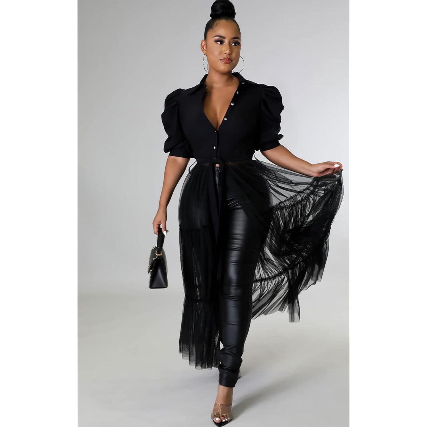 Ekaliy Women Sexy Short Sleeve Bodycon High Low Asymmetrical Ruffle Tunics Blouse Shirt Top Dress