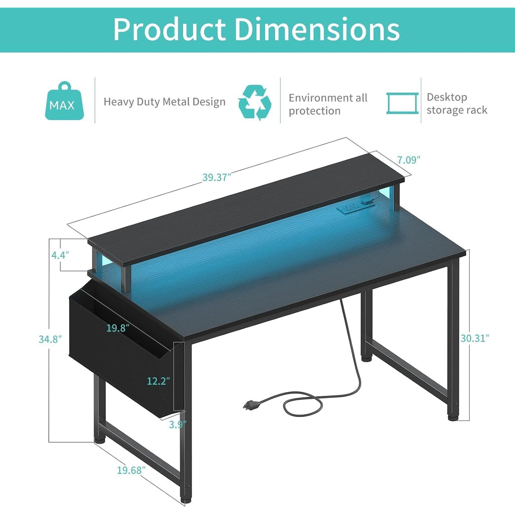 Lufeiya Black Gaming Desk With Led Lights And Power Outlets, 40 Inch Teen Writing Study Table Home Office Desks With Monitor Stand, Computer Desk With Charging Station Usb Port, Black