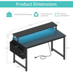 Lufeiya Black Gaming Desk With Led Lights And Power Outlets, 40 Inch Teen Writing Study Table Home Office Desks With Monitor Stand, Computer Desk With Charging Station Usb Port, Black