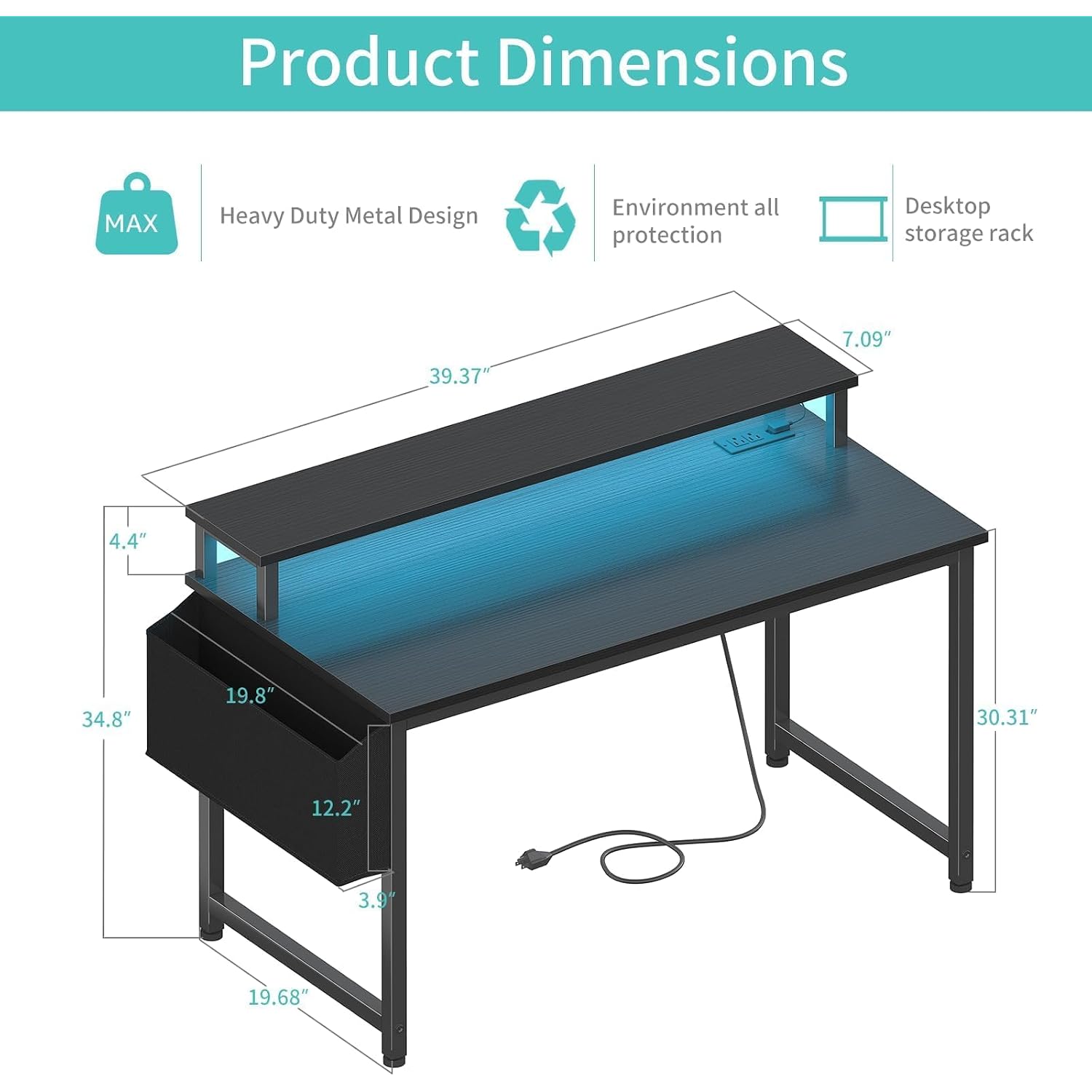 Lufeiya Black Gaming Desk With Led Lights And Power Outlets, 40 Inch Teen Writing Study Table Home Office Desks With Monitor Stand, Computer Desk With Charging Station Usb Port, Black