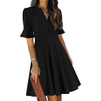 Mokayee Womens Summer V Neck Ruffle Short Sleeve Fit And Flare Knee Length Church Wedding Guest Dresses With Pockets