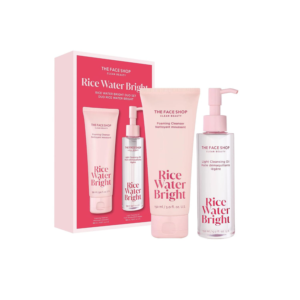 The Face Shop Rice Water Bright Double Cleansing Duo Set With Ceramide, Korean Skin Care, Gentle Face Wash & Pore Control Cleansing Oil, Hydrating, Moisturizing, Vegan Facial Cleanser, Makeup Remover