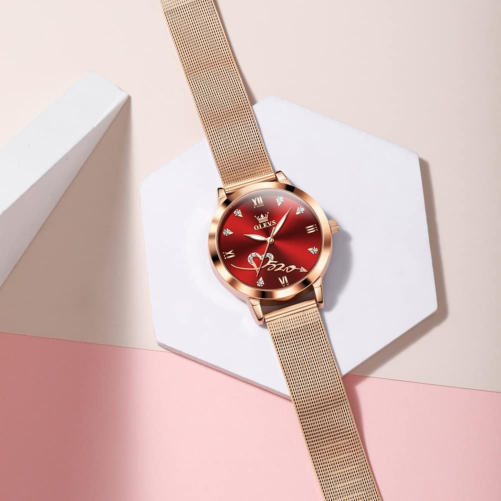 OLEVS Rose Gold Watch for Women Mesh Strap Fashion Dress Hearts Japanese Quartz Waterproof Luminous Ladies Watches Bracelet Sets