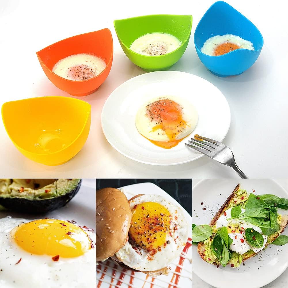 YomiFamily 4 Pack Silicone Egg Poacher Cups with Ring Standers, Nonstick Egg Poaching Cups for Air Fryer, Baking oven or Stovetop Cooking, BPA Free