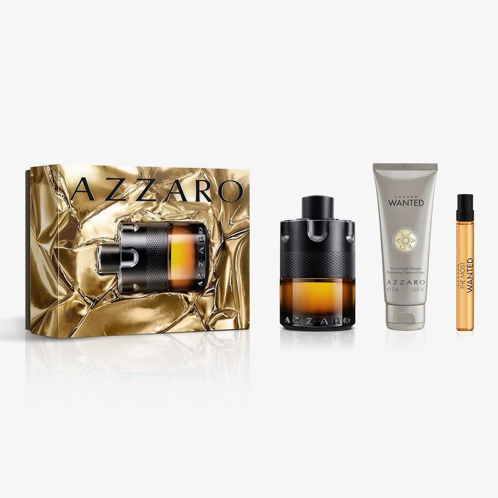 Azzaro The Most Wanted Parfum - Intense Mens Cologne Set ($205 Value) - 3-Piece Set with Full Size + Travel Size Fragrances, Hair & Body Wash - Lasting Wear
