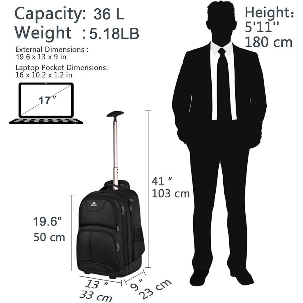 Matein Rolling Backpack, 17 Inch Water Resistant Wheeled Laptop Backpack | Carry On Luggage Business Bag, Large Capacity, Overnight College Computer Bag, Trolley Suitcase For Men Women, Travel, Black