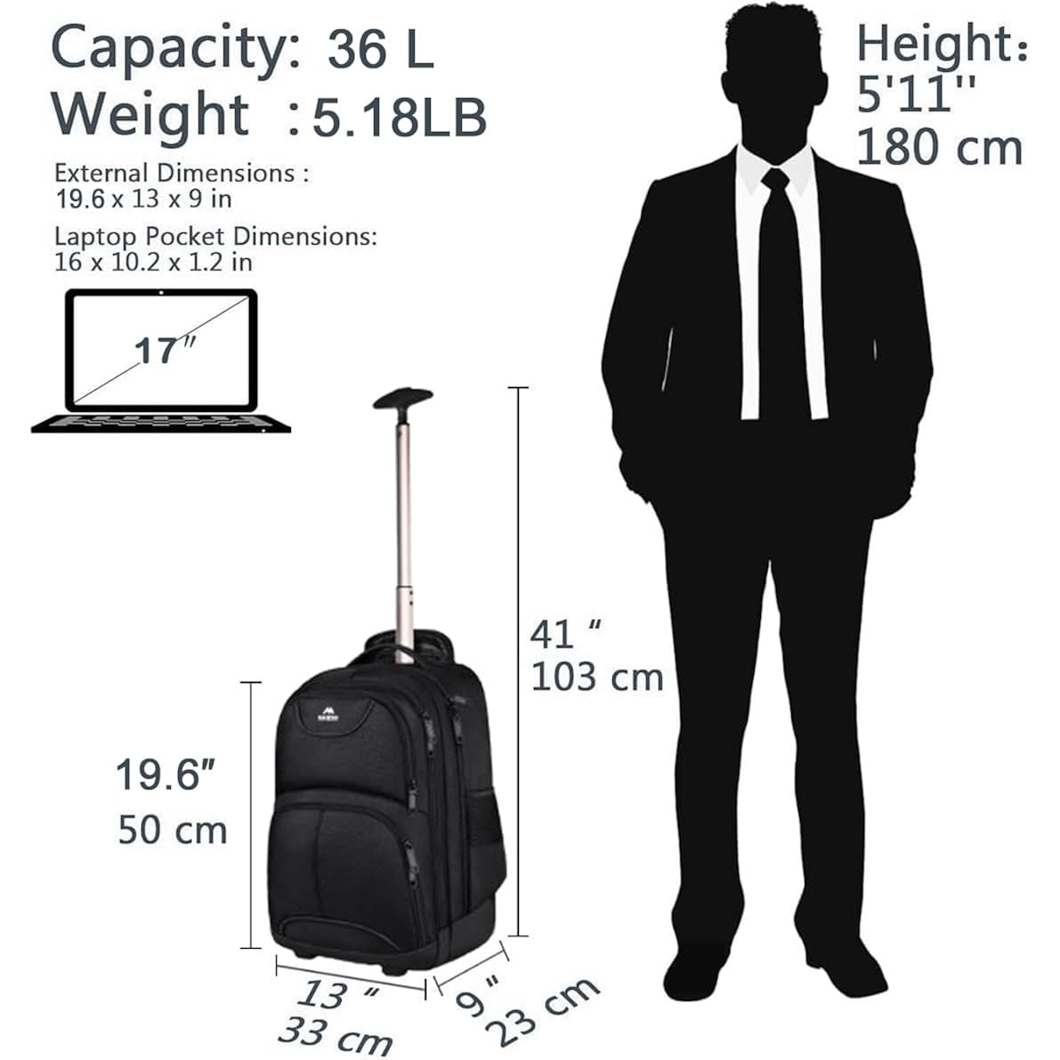 Matein Rolling Backpack, 17 Inch Water Resistant Wheeled Laptop Backpack | Carry On Luggage Business Bag, Large Capacity, Overnight College Computer Bag, Trolley Suitcase For Men Women, Travel, Black